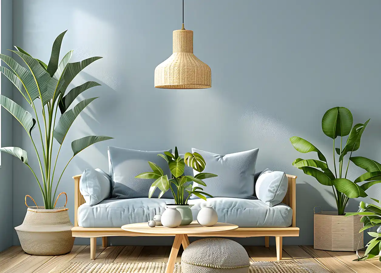 Salon na tle niebieskiej ściany, dwuosobowa sofa i duże kwiaty w donicach na podłodze.