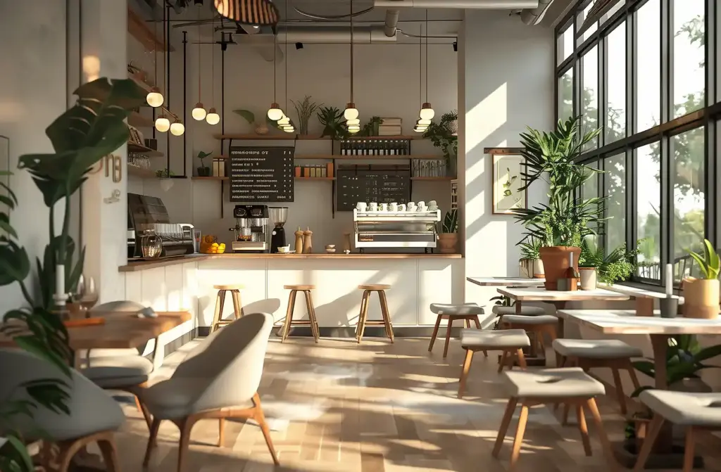 Kawiarnia z dużymi oknami, utrzymana w jasnych kolorach i pełna zielonych roślin.