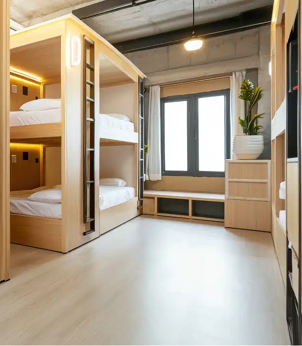 Pokój w hostelu w stylu loftowym, z dwupoziomowymi łóżkami i dużym oknem, utrzymany w jasnych kolorach.