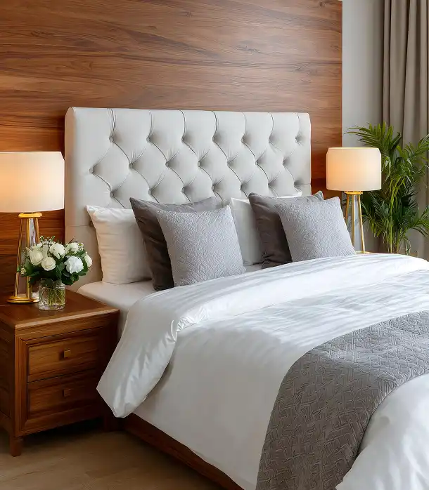 Łóżko z dużym zagłówkiem w kolorze białym, szafki nocne, wnętrze z elementami drewna.