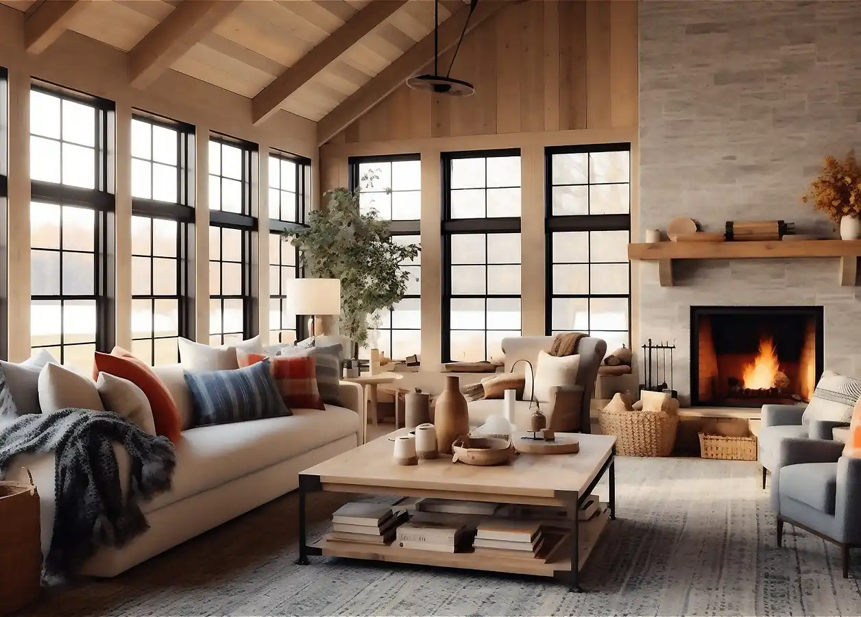 Duży salon na parterze domu, wykonany z drewna w jasnych kolorach. Duże okna, kominek i miękka biała sofa.