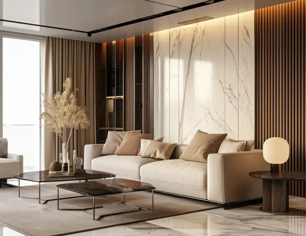 Salon w odcieniach beżu i złota, duża biała sofa, stolik kawowy i rośliny doniczkowe.