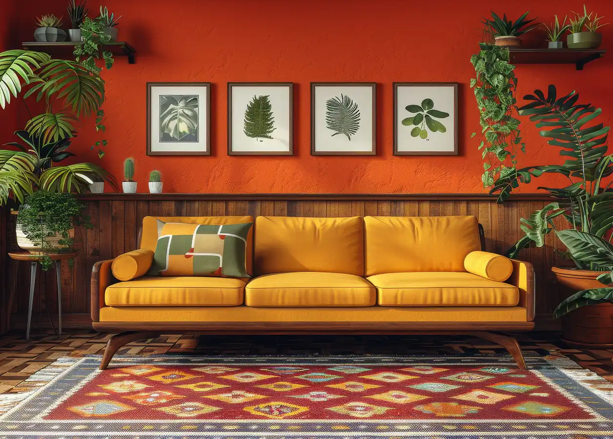 Jasny salon z pomarańczową ścianą, mnóstwem żywych roślin i dwuosobową sofą pośrodku.