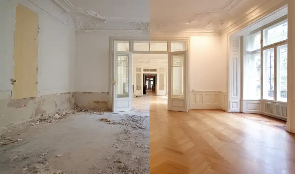 Jeden pokój podzielony na dwie części, pierwsza połowa przed remontem, druga po remoncie, salon.