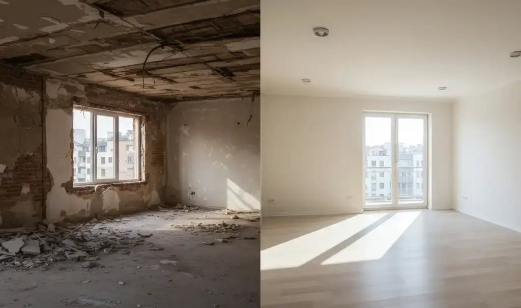 Jeden pokój podzielony na dwie części, pierwsza część przed remontem, druga po remoncie, sypialnia.