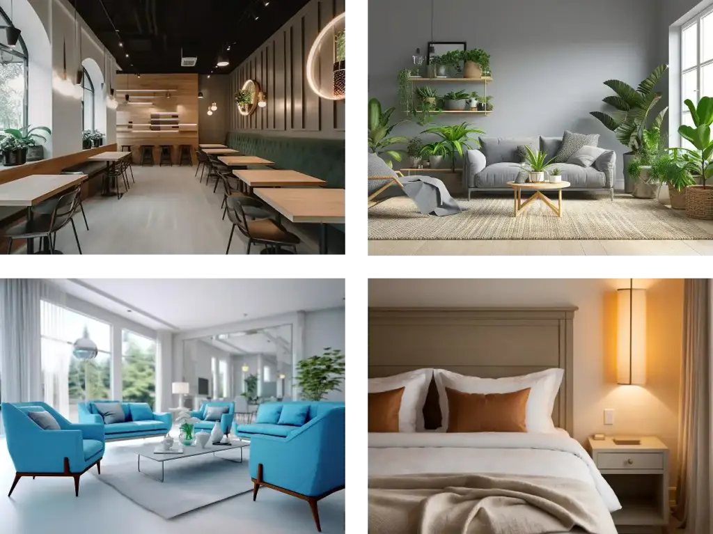 Przestronna sala kawiarni z dużymi oknami w kolorze zielonym z drewnianymi elementami.